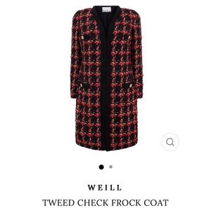 WEILL TWEED CHECK FROCK COAT Collarless Braided Edge Trim Sz US 8